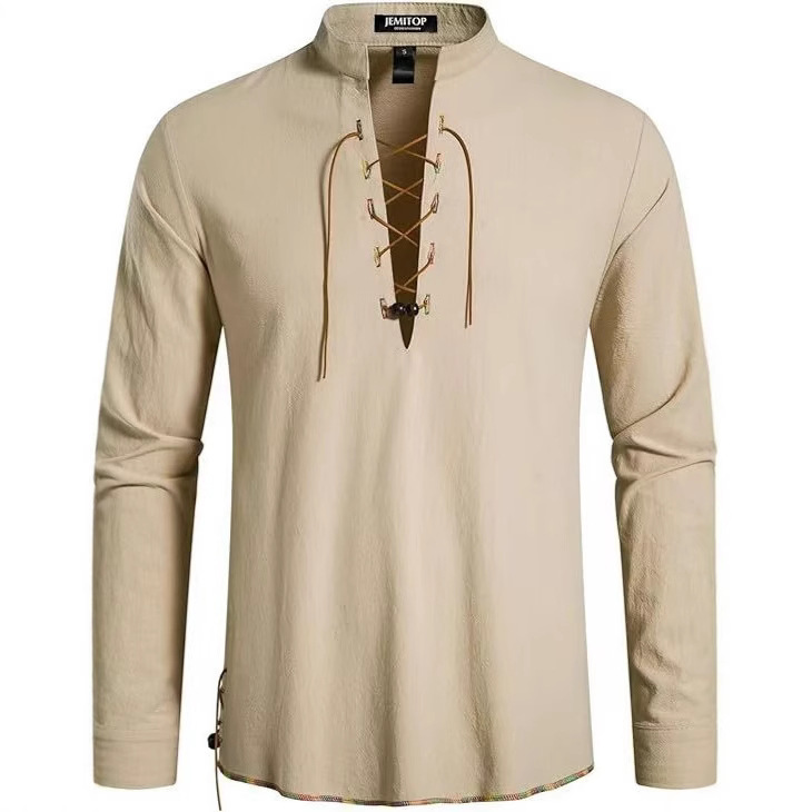 High-Quality Men's Cross-Border Shirt Henry Long-Sleeved Casual Beach Men's European and American Stand-Up Collar Hippie Shirt