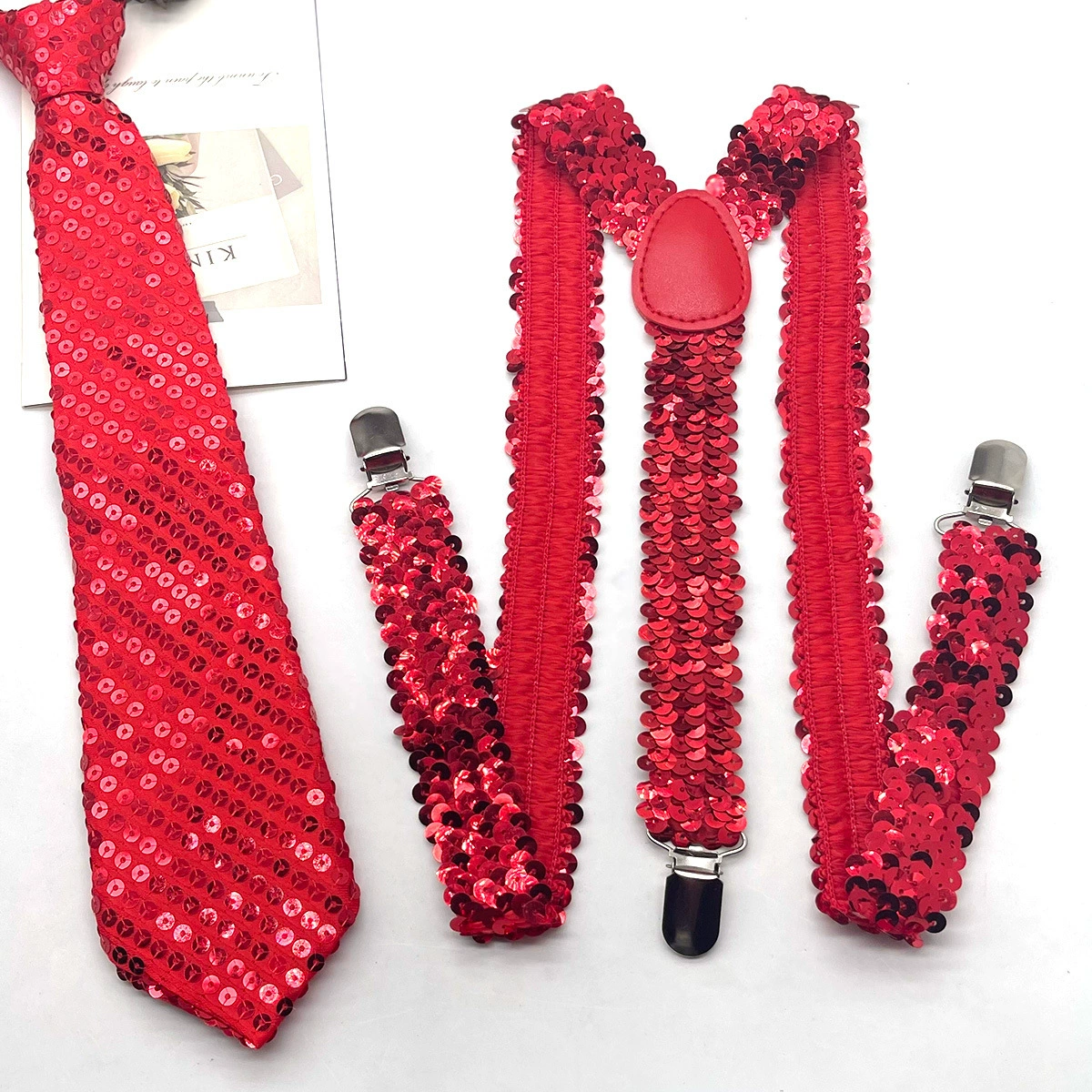 Men's nail sequins, suspenders, tie, set