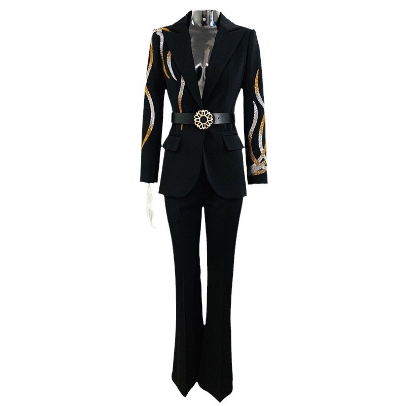 GraceChic En stock 2025 Nouvelle collection européenne et américaine de célébrités, élégante tailleur deux pièces avec ceinture et strass colorés, pantalon évasé_voghion.com