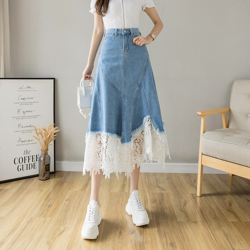 Lace long denim skirt, A-line, suitable for spring and autumn, 2026 years, western style, mid-length