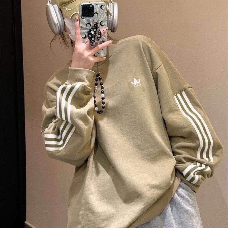 Three-stripe spring and autumn new high-end version sweatshirt, fashionable loose casual embroidered logo trendy top, unisex