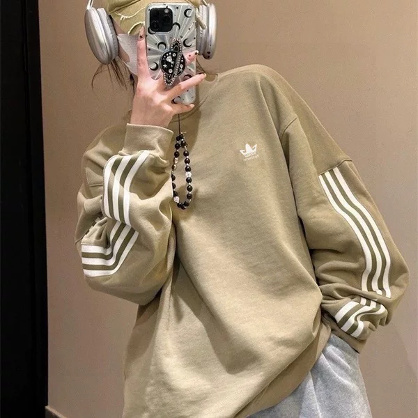 Three-stripe spring and autumn new high-end version sweatshirt, fashionable loose casual embroidered logo trendy top, unisex