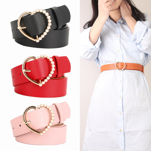 Women's new belt, sweet inlaid with pearl heart buckle dress decorative belt, cute student jeans belt