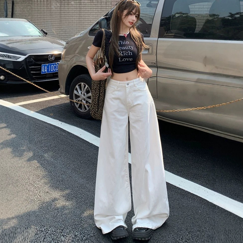 White Wide-Leg Jeans for Women, Loose and Drapey Straight-Leg Denim Wide-Leg Pants for Petite Women, Slimming Wide-Leg Jeans