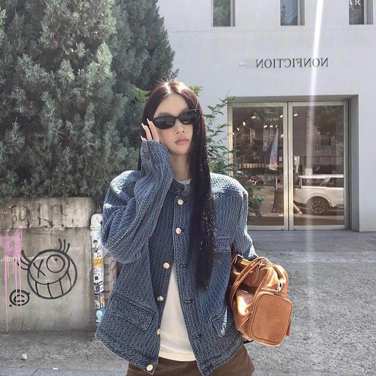 牛仔小香风外套女2025秋季新款宽松版小众肌理感立领蓝色夹克上衣|undefined