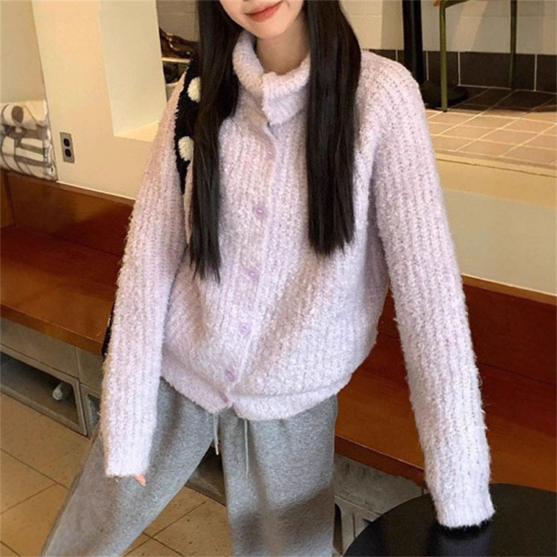 软糯复古紫色高领毛衣外套女秋冬新款慵懒风宽松气质针织开衫上衣|undefined