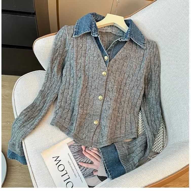 Women's Long Sleeve Patchwork Cable Knit Sweater Denim Collar Two Piece Faux Style Versatile And Stylish Design_voghion.com