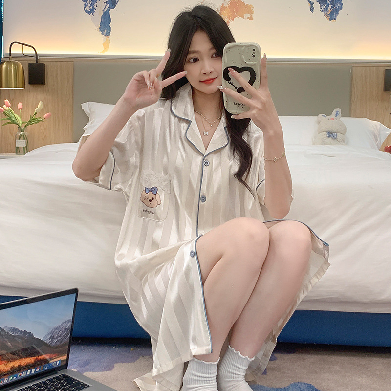 2025 nuevo jacquard hielo vestido de dormir mujer de verano de mangas cortas delgado lindos cardigan de seda vestido largo de verano