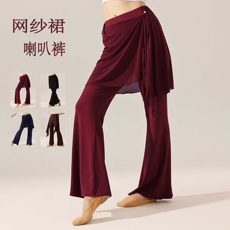 Dance Pants for Female Teachers New Mesh Splicing Wide-Leg Modern Chinese Adult Body Practice Dance Flared Pants
