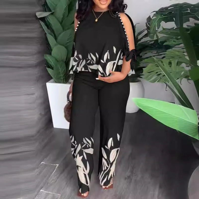 2023 European and American Women's Crewneck Raglan Sleeve Half Sleeve Bead Positioning Printed Pants Set Large Size Suit