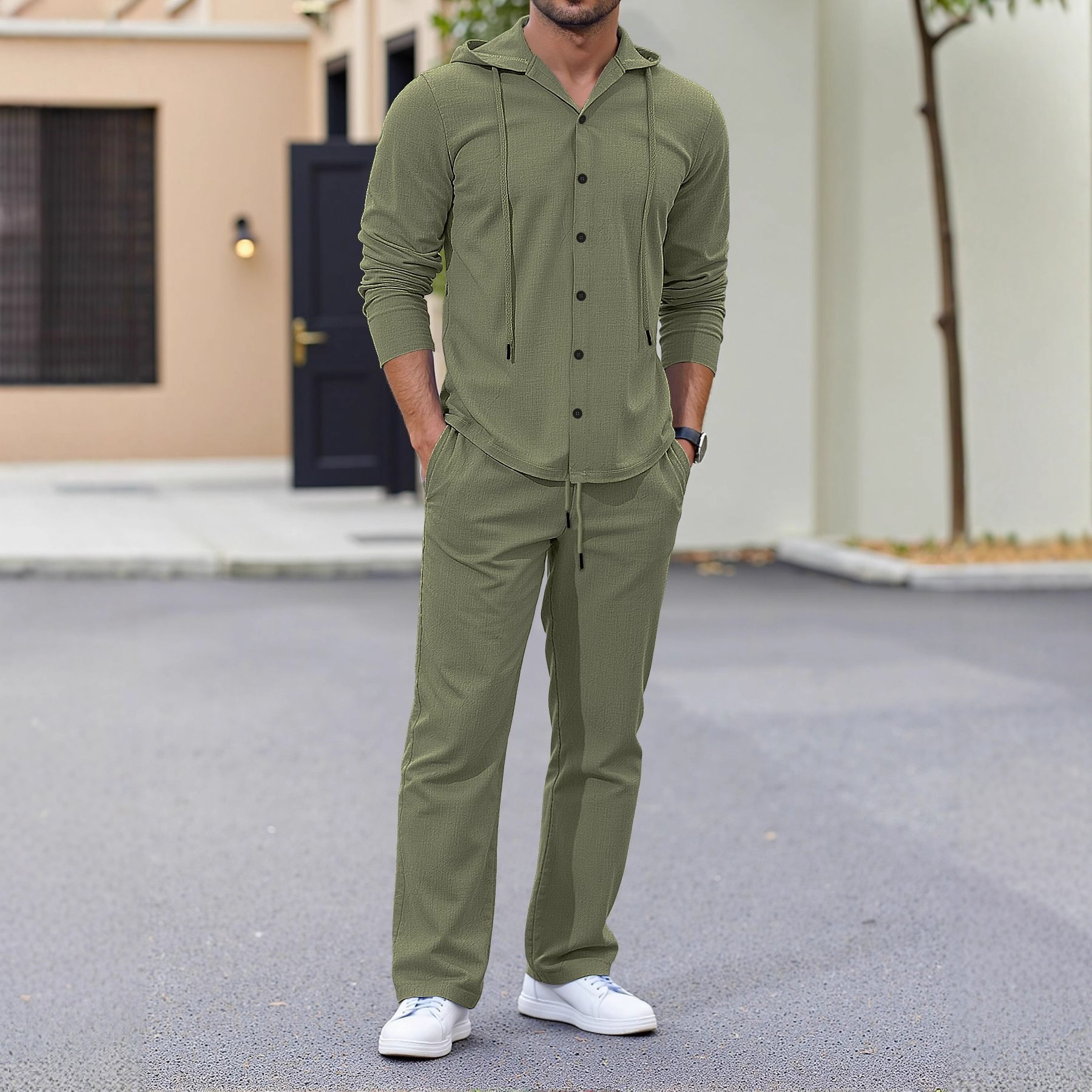 Men's Linen Hooded Shirt & Pants Set - Relaxed Fit Casual Outfit For Spring & Autumn (Beige/Gray, S-XXL) | Breathable Natural Fiber Lounge Wear_voghion.com