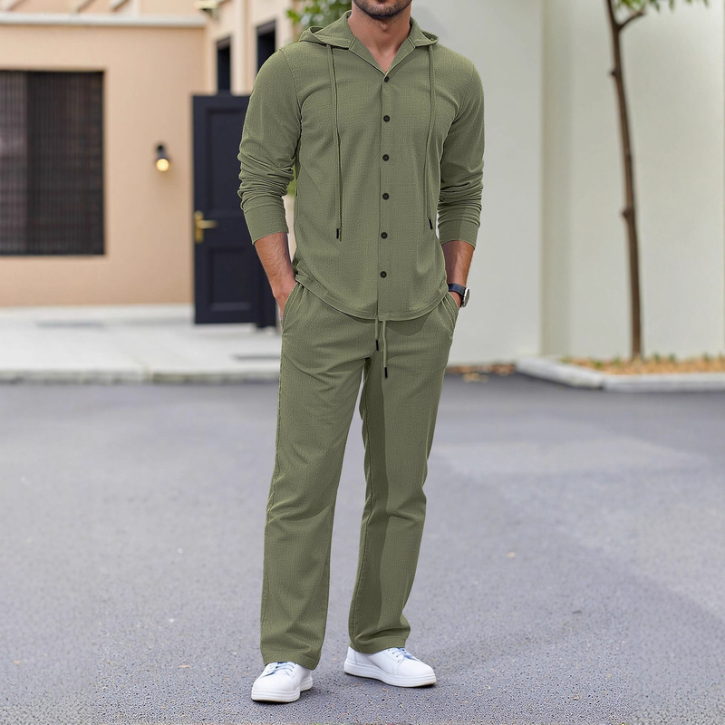 Cross-Border Amazon Spring and Autumn Men's Suit Loose Linen Hooded Long-Sleeved Button-Down Shirt Trousers Casual Suit