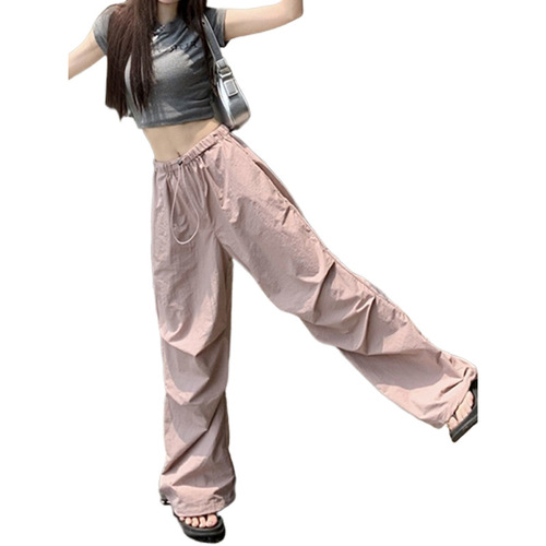 Dopamine Purple Drawstring Design Workwear Pants for Girls Summer Quick-Dry Sports Casual Straight Leg Loose Wide Leg Pants