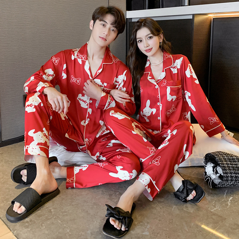 New couple Ice Silk pajamas spring and autumn rabbit year original name year red wedding wedding wedding suit long sleeve homewear