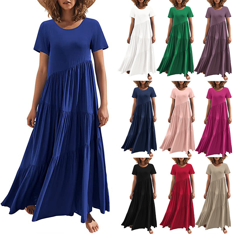 2024 European and American Amazon Loose Long Dress Short-Sleeved Round Neck Asymmetrical Swing Layered Beach Slimming European and American Style