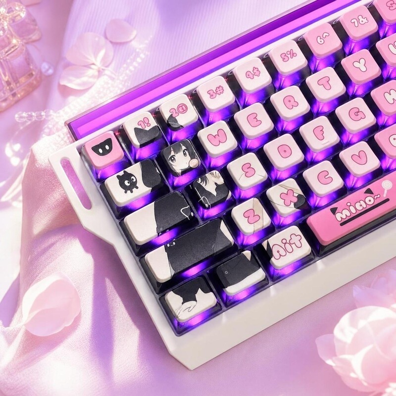 Black Cat Girl Pink Keycap, Anime-Themed, DIY, PBT, Heat-Sublimation, Personalized, Four-Sided Light-Through Mechanical Keyboard Keycap