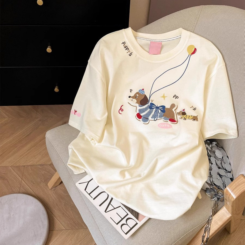 American High Street Towel Embroidered Puppy Pure Cotton Short-Sleeved T-Shirt for Women 2025 Summer New Loose Niche Short-Sleeved Top