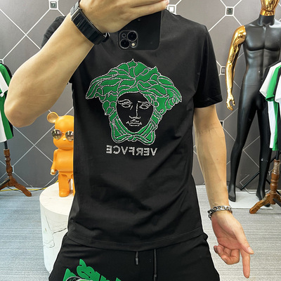 Europe station Mercerized cotton jacket green Beauty head Flocking Hot stamping Europe and America Chaopai Light extravagance European goods Short sleeved T-shirt