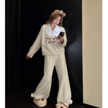 纯欲性感毛绒绒翻领半边绒睡衣女秋季新款加厚开衫外套家居服套装