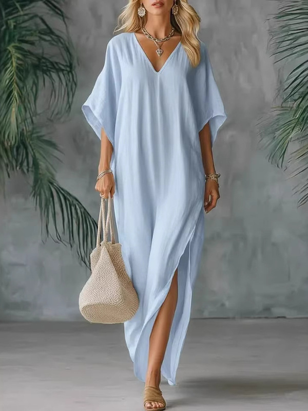 In-Stock 2026 Linen Thin Dress for Cross-Border Trade, European and American Women's Fashion, New Summer V-Neck Loose Fit In-Stock 2026 Linen Thin Dress for Cross-Border Trade, European and American Women's Fashion, New Summer V-Neck Loose Fit
