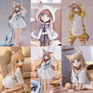 Soybean Flour Hand-Made Cat Girl Sitting and Eating Fish. My Cat Is a Cute Girl Figurine Model