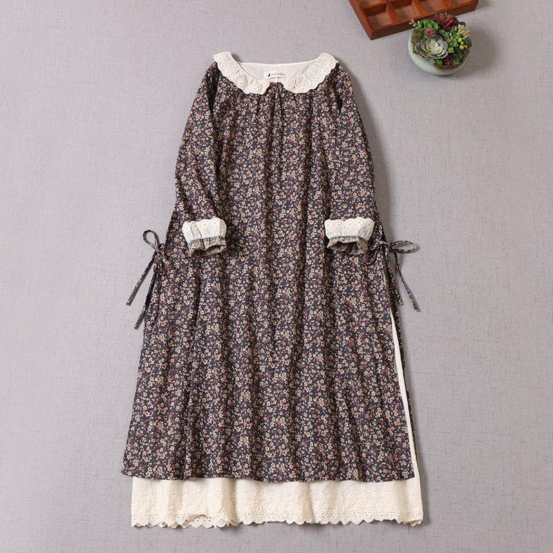 Artistic Retro 2023 New Style Doll Collar Floral Dress for Women, Autumn Loose Long-Sleeve Plus-Size Cotton-Linen Long Dress