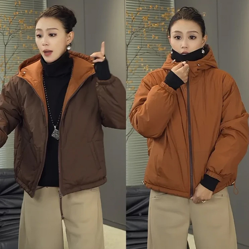 (Reversible) Hooded Cotton Jacket Short Autumn and Winter Casual Pure Color Cotton Jacket Women's Warm Loose Small Cotton Jacket (Reversible) Hooded Cotton Jacket Short Autumn and Winter Casual Pure Color Cotton Jacket Women's Warm Loose Small Cotton Jacket