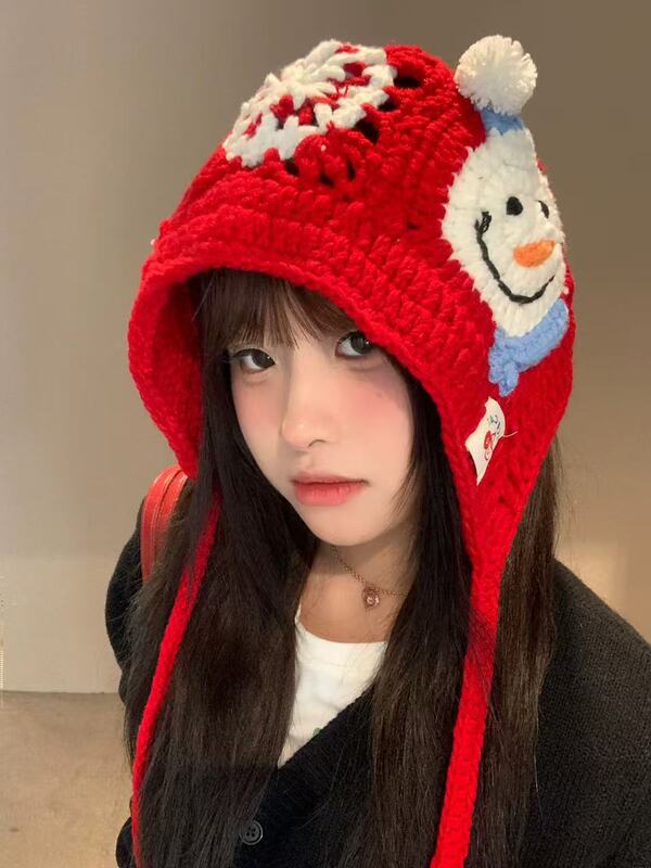 手工编织雪花雪人针织帽女2025新款毛线护耳帽秋冬保暖百搭显脸小|undefined