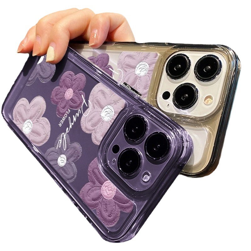 Ins púrpura pintura al óleo flor iPhone16PRO funda para teléfono 13 transparente 14 femenino xsmax lindo xr manzana 15