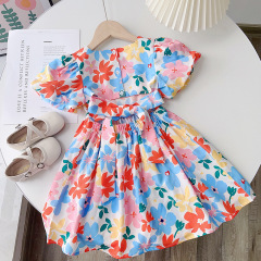 Korean children's clothing backless design floral girls dress summer puff sleeve baby girl short-sleeved skirt vacation dress