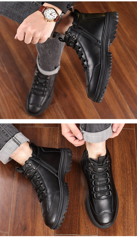 Giày bông nam cổ cao dây kéo lót lông giữ ấm da bò — Giày cotton đen chi tiết 16