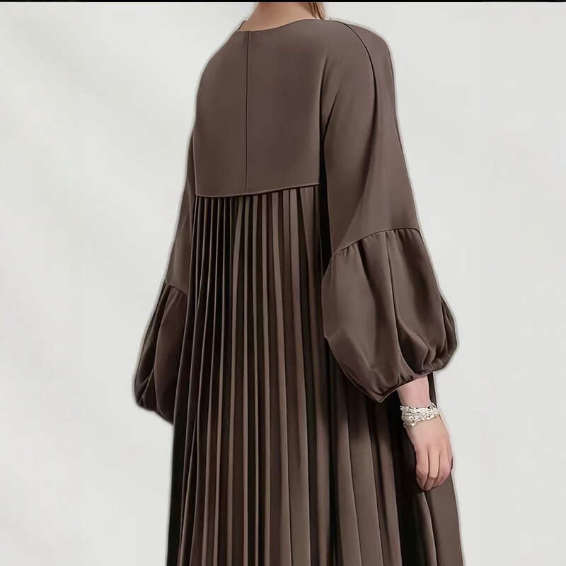 2026 Versatile Summer New Style Japanese and Korean Style Round Neck Lantern Sleeve Pleated Mid-Length Loose Slimming Dress Comfortable