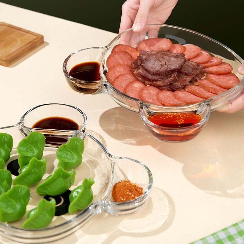 透明ガラス仕切りプレート、シンプルな平皿、海鮮エビプレート、餃子プレート、ディップソーサー付きスナックプレート、フルーツプレート|undefined