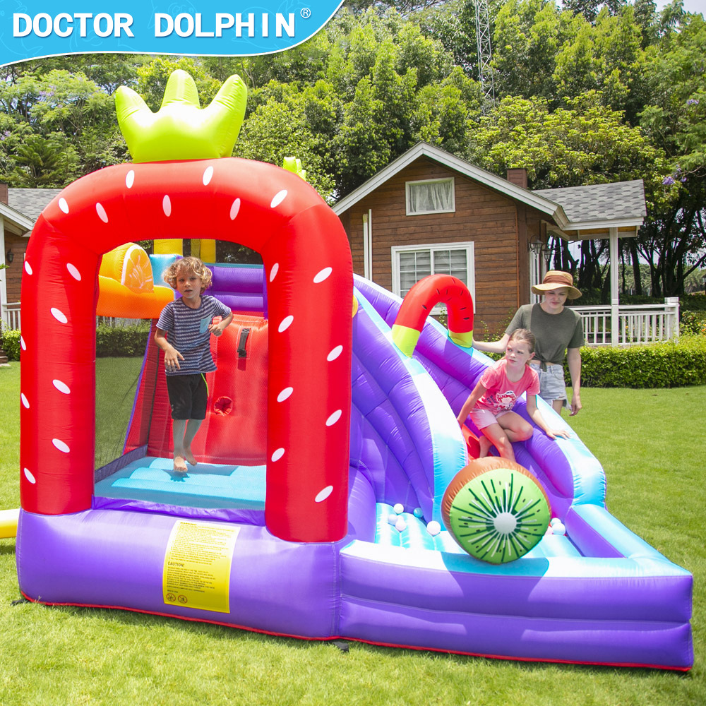 Doctor Delfín | Castillo inflable infantil para exteriores, pequeño, con temática de frutas, combinación de trampolín y tobogán, área de juegos para el hogar.
