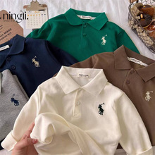 柠里儿童POLO衫2025秋新男女童炸街纯色刺绣打底衫宝宝翻领长袖T