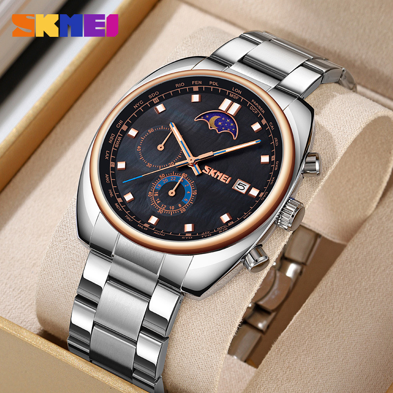 Momento transfronterizo multifuncional reloj de hombre nocturna impermeable reloj de cuarzo fase lunar fuente de fábrica mayorista