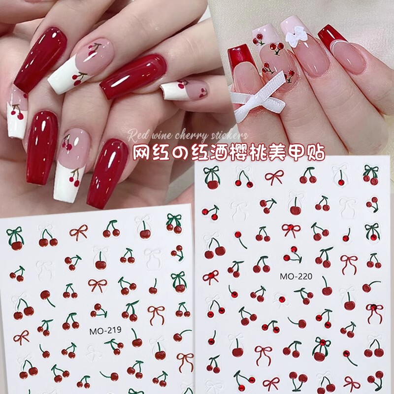 Crystal Diamond Cherry Embossed Nail Art Sticker 2024 New Burgundy Cherry 5D Three-Dimensional Nail Sticker Diamond Internet Celebrity Hot Style
