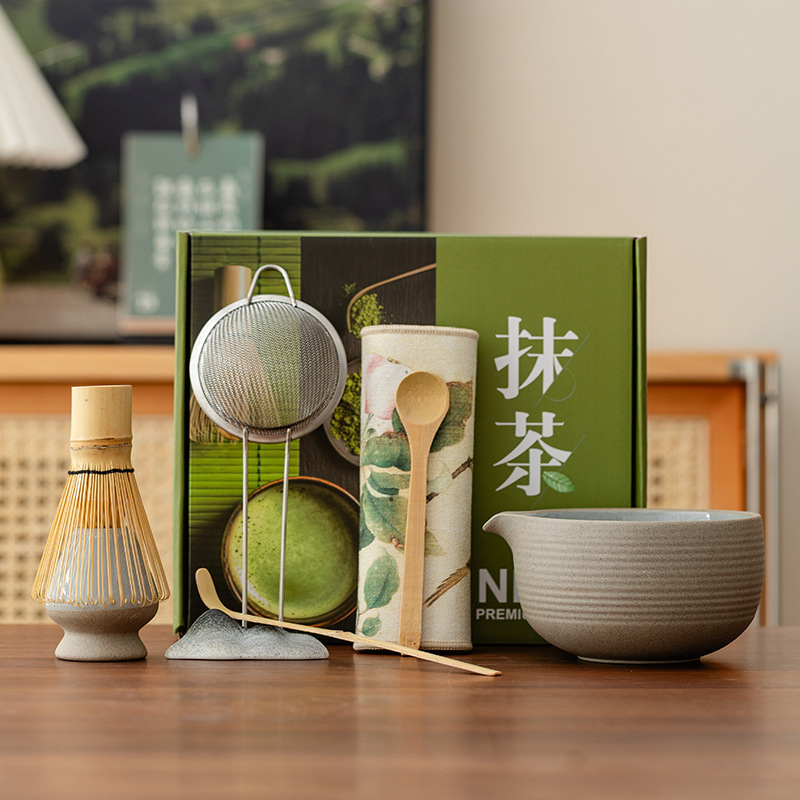 Vintage Rustic Pottery Matcha Set Six-Piece Ceramic Matcha Bowl with Whisk and Whisk Holder