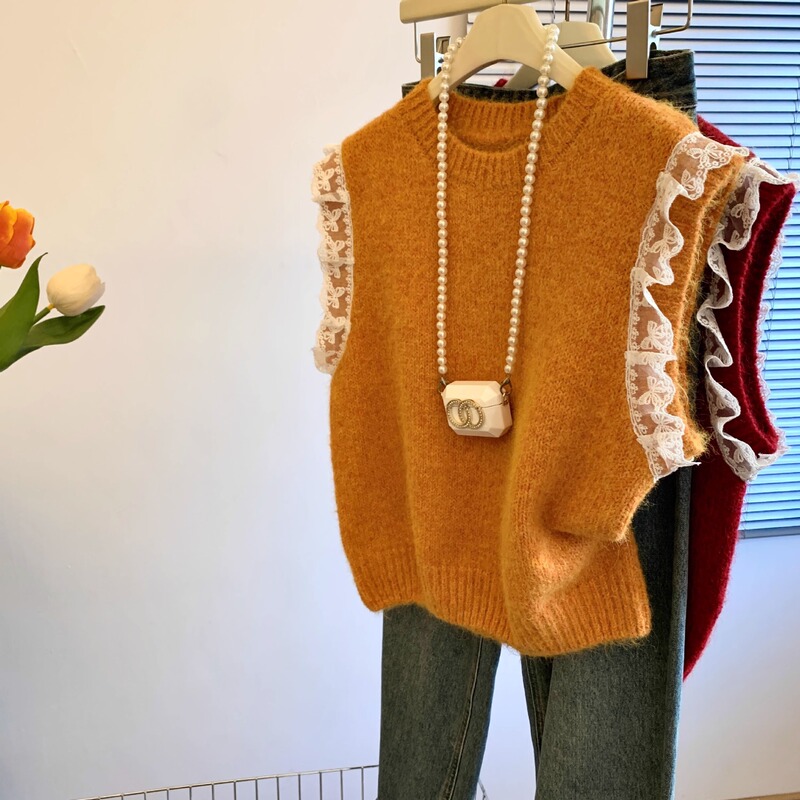 Lace Patchwork Vest for Women, Autumn and Winter Round Neck Loose Stylish Sweater, Korean Style Sleeveless Loose Fit Top