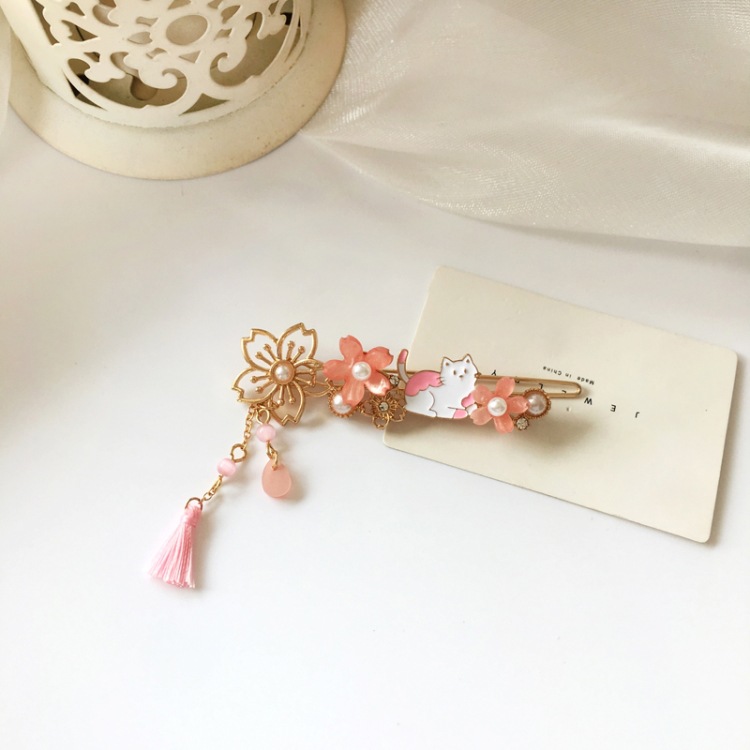 Fashion Pink Flower Tassel Kitty Hairpin display picture 7