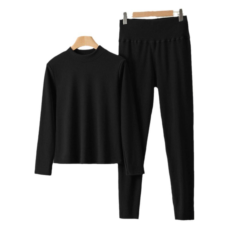 Теплый нижний костюм с высоким воротом и длинными рукавами, женские осенне-зимние однотонные свободные брюки с начесом, комплект из двух предметов