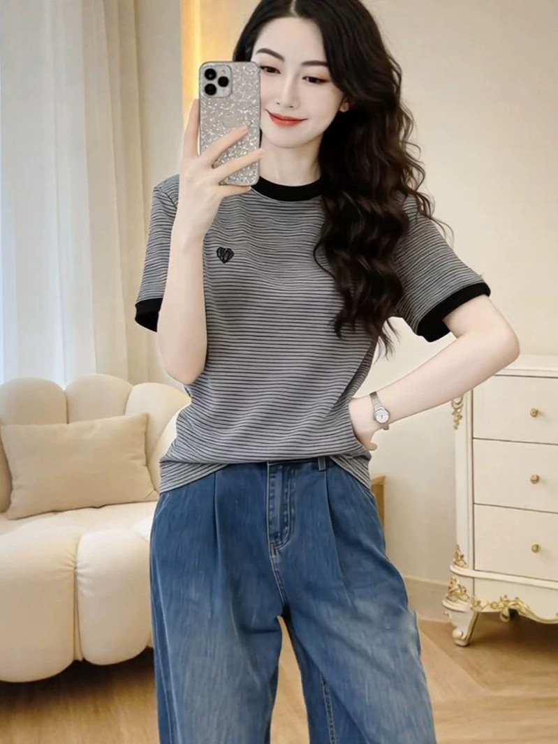 Embroidered Striped Short-Sleeve T-Shirt for Women, 2026 Summer New Fashion Versatile Slim-Fit Round Neck Stylish Top