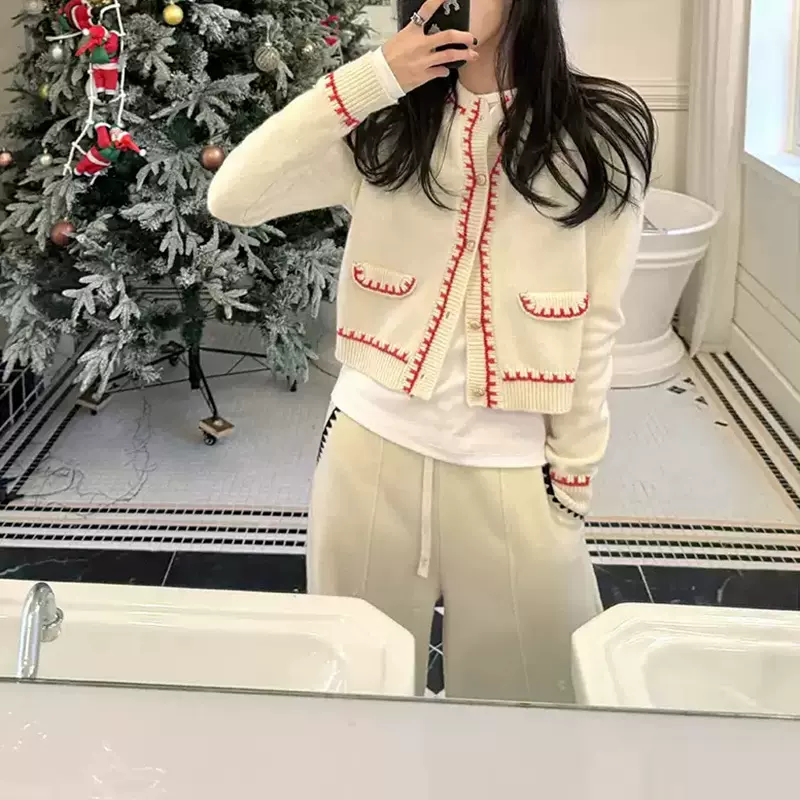 现货septwe 都市丽人 秋冬时髦双色绣边拼色开衫冬季新款撞色毛衣