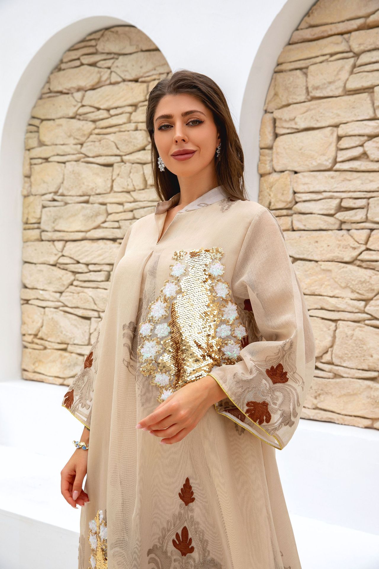 ZD044 Middle East Cross-border E-commerce Bestseller Women's Muslim Dress Sequin Embroidered Arab Robe_ecoleips.com