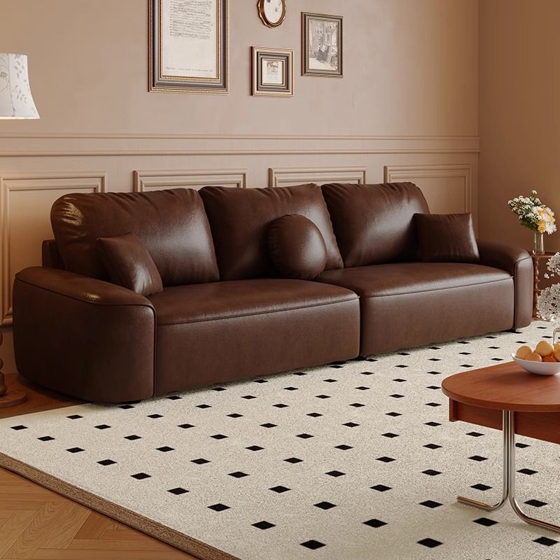 French Retro Style Waxed Leather Sofa Small Apartment Living Room Home Apartment Antique Style Old Brown Straight Sofa