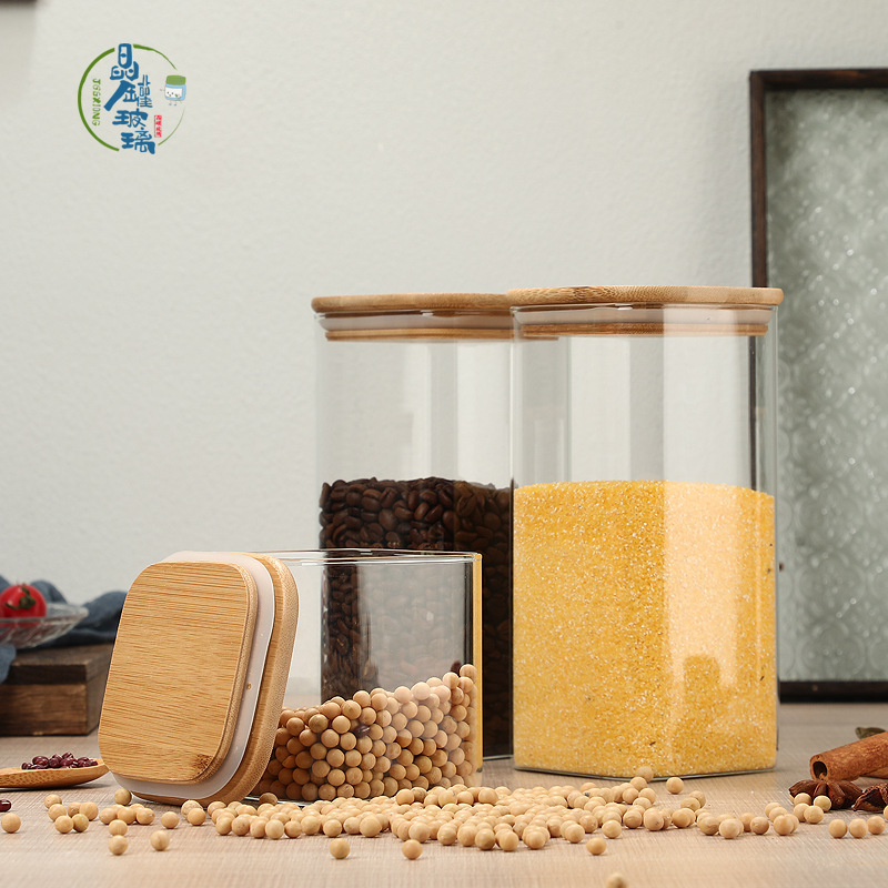 Tapa cuadrada de bambú Tarro de vidrio de 6 piezas Traje de algodón de perlas Caja de almacenamiento de frutas secas Botella de almacenamiento transparente de borosilicato al por mayor
