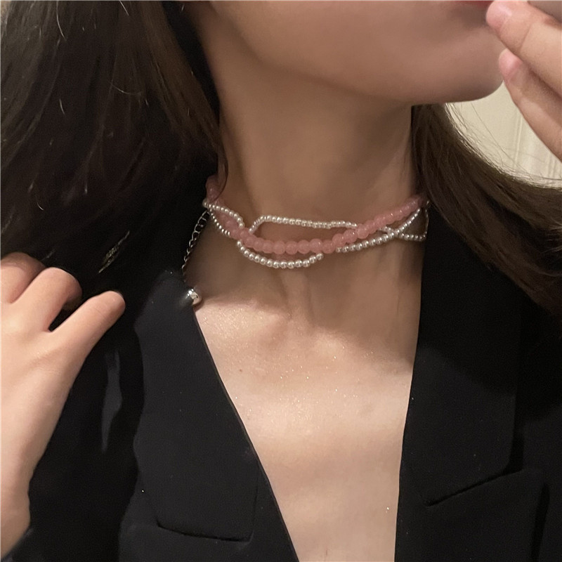 Rosa Runde Perlen Perle Doppellagige Schlüsselbeinkette Ins Windtropfen Anhänger Halskette Halskette display picture 5