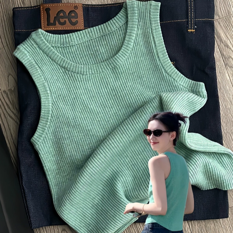 Корейский мятно-зеленый вязаный тонкий жилет с широкими бретелями для женской летней верхней одежды I-образной формы, маленький топ для похудения на подтяжках