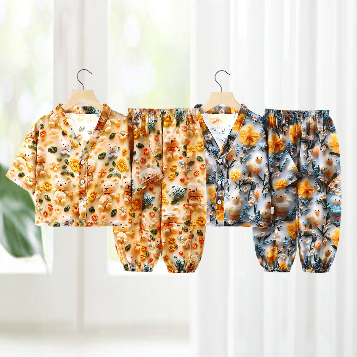 Pijamas de seda de algodón para niños de verano Niños y niñas Clase A Estándar A Seda de algodón fina para bebés Aire acondicionado Ropa para el hogar Traje de manga larga