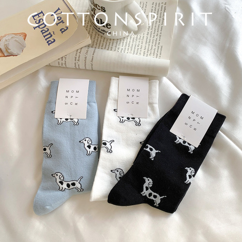 Cartoon Spotted Puppy Socks for Girls, Mid-Calf Length, Instagram Trendy Spring and Autumn Style, Cotton, Japanese Cute School Style Winter and Autumn Socks